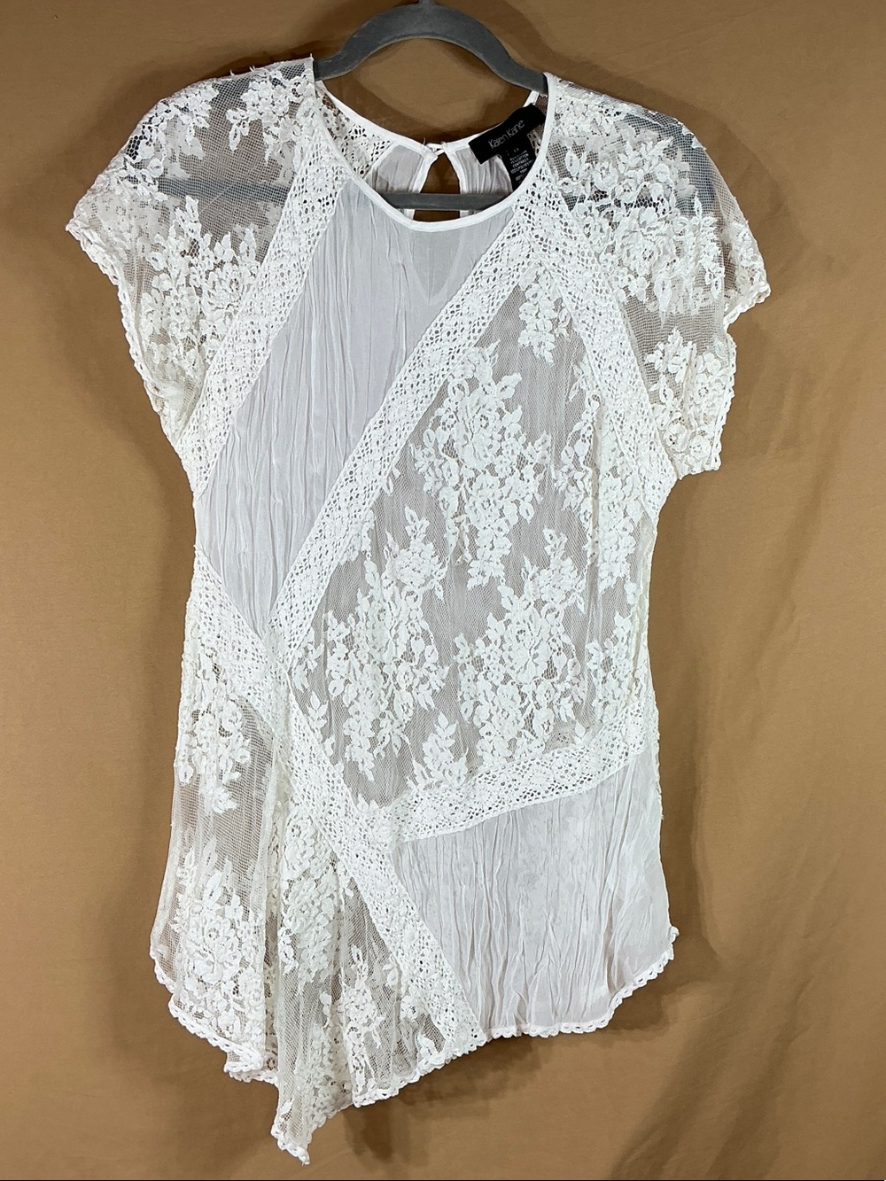 Karen Kane Cream Lace Mixed-Media Short Sleeve Top Size M